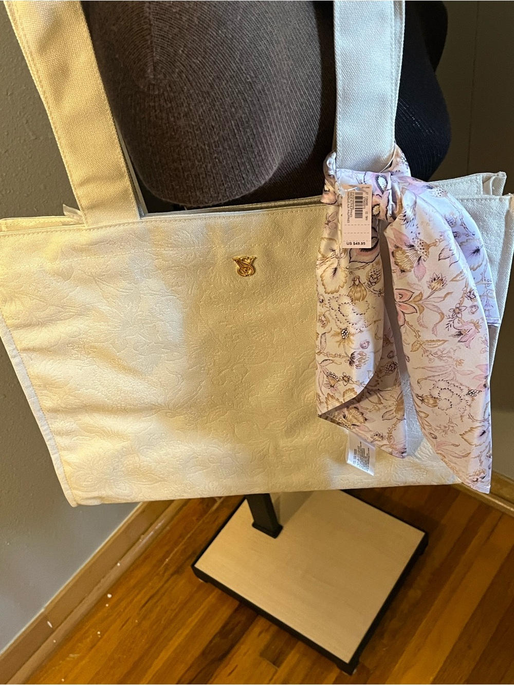 Victoria's Secret Cream Floral-Scarf Jacquard Tote